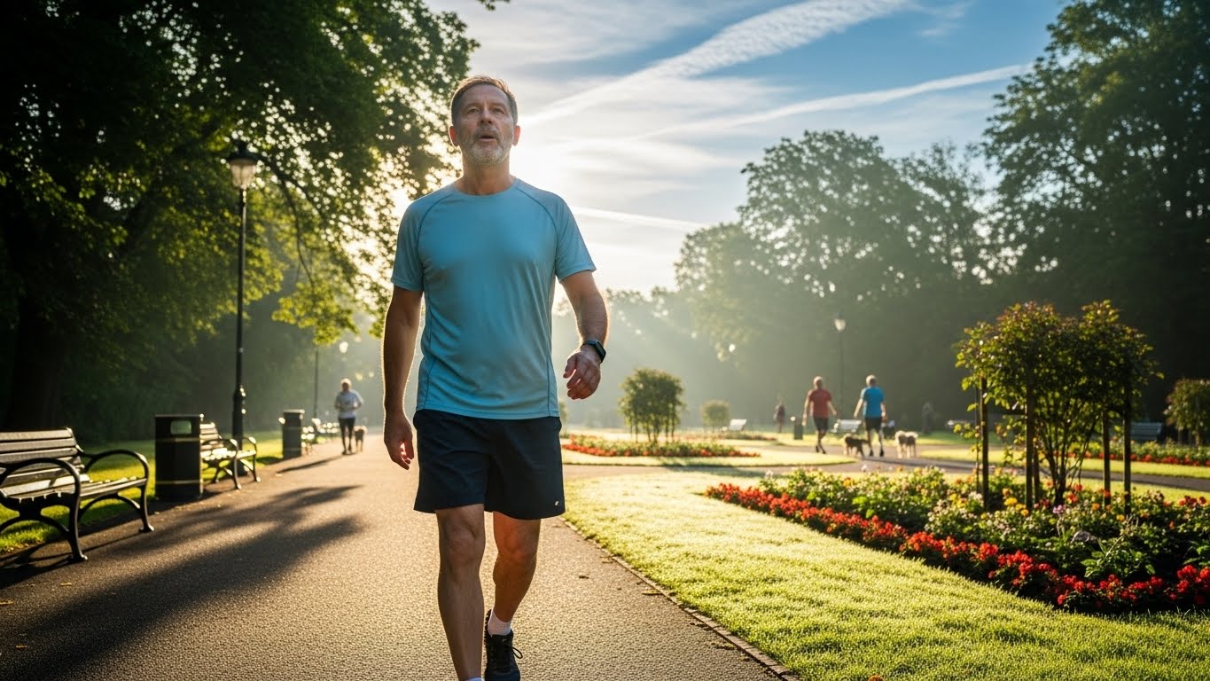 공원에서 천천히 걷는 중년 남성