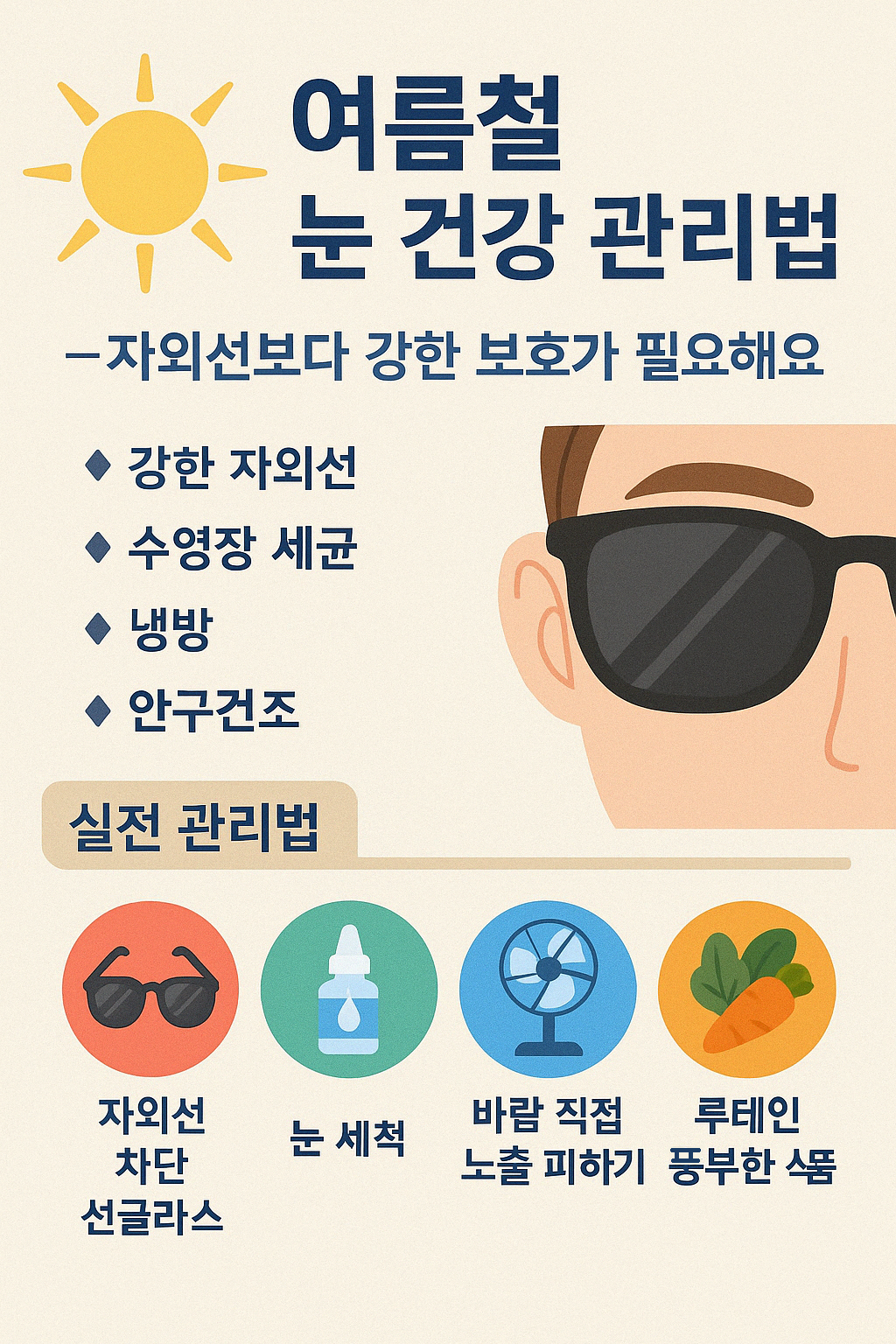 여름철 눈 건강을 지키기 위한 관리법을 정리한 감성적인 건강 인포그래픽 이미지