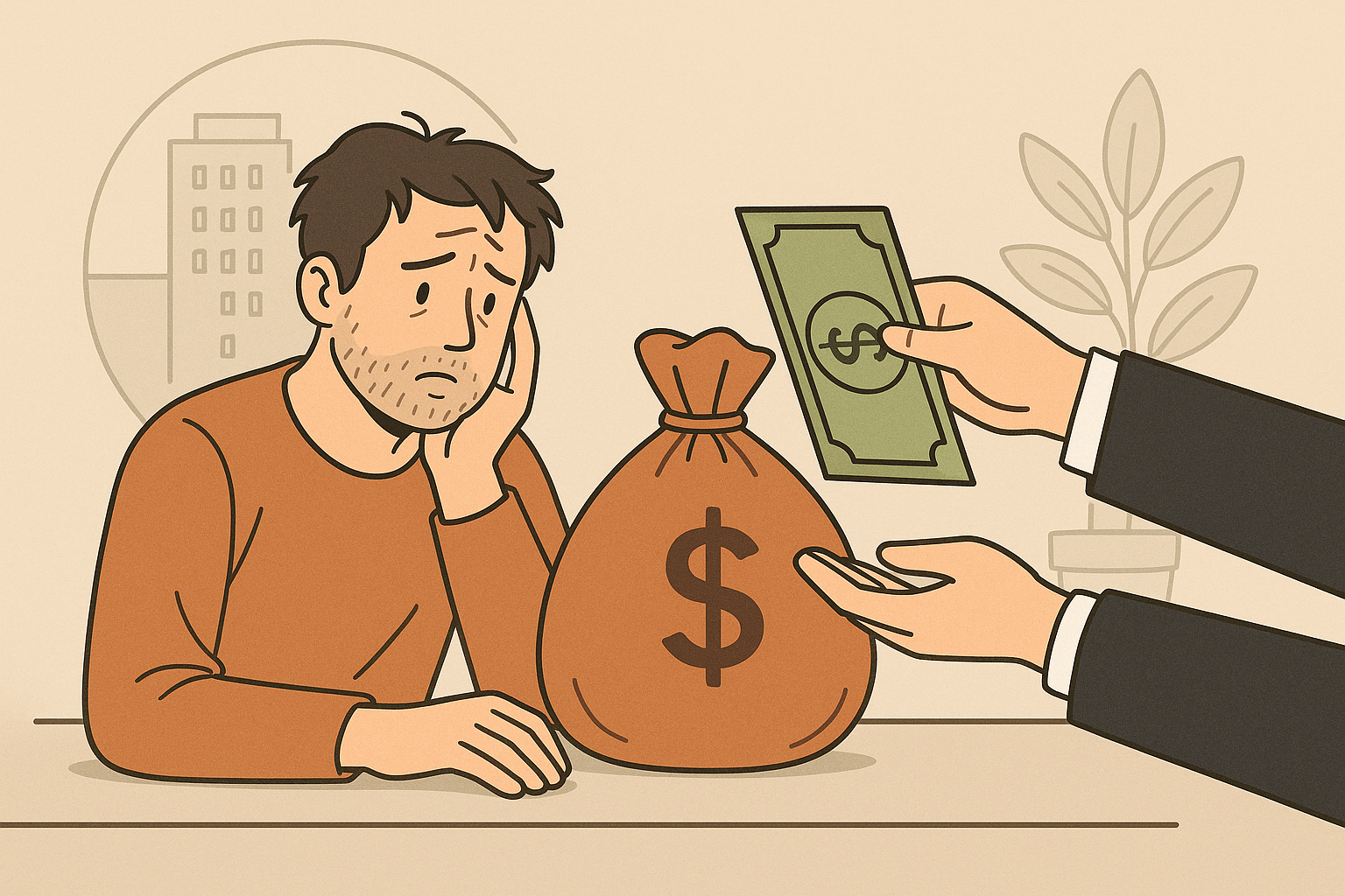 긴급생계비 지원 일러스트 - 근심스러운 시민에게 정부 지원금이 전달되는 장면, 돈 봉투와 지원금이 강조되는 따뜻한 분위기의 그림