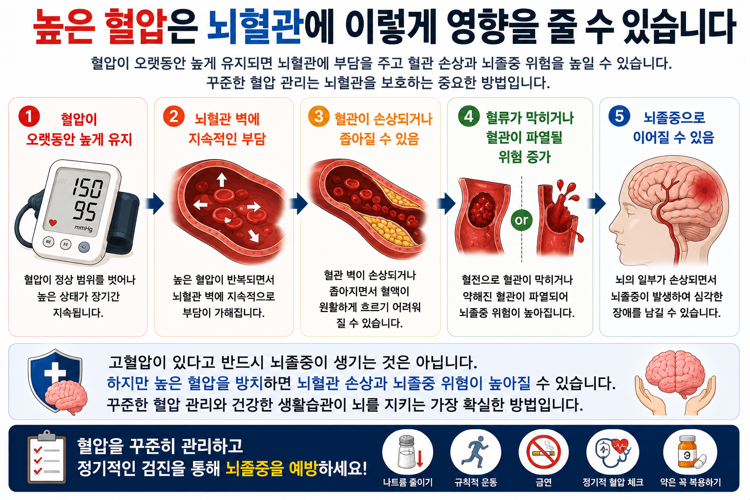 고혈압이 뇌혈관 손상과 뇌졸중 위험에 관련되는 과정을 설명한 그림