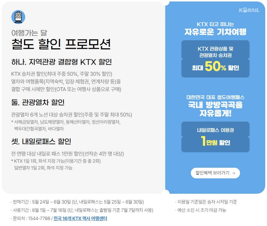 여행가는 달 6월 철도 KTX 내일로 일반열차 50% 할인 혜택 보러가기