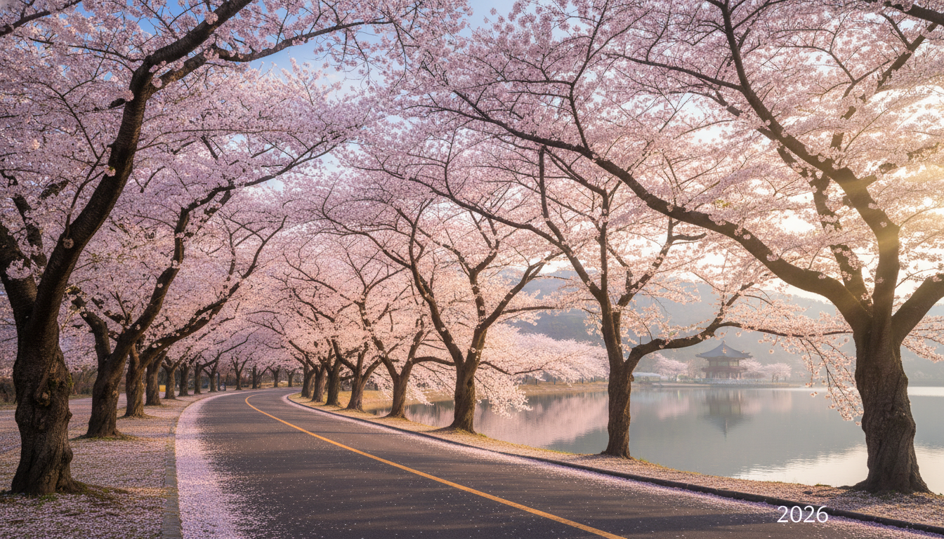2026년 봄, 분홍빛 벚꽃이 만개한 한국의 아름다운 호숫가 산책로 풍경