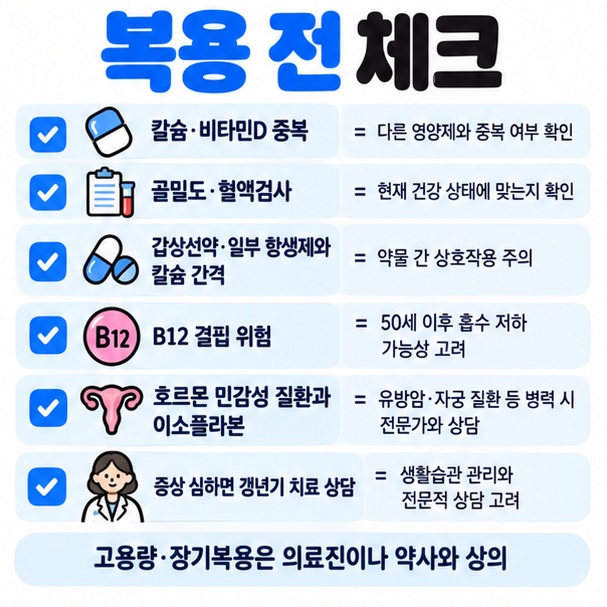 영양제 중복 골밀도 약물 상호작용 B12 결핍 위험 호르몬 민감성 질환 갱년기 증상 상담을 확인하는 체크리스트 이미지