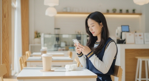밝고 따뜻한 실내&amp;#44; 스마트폰으로 주문 중인 모습
