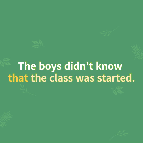The boys didn’t know that class was started.
그 소년들은 수업이 시작되었다는 것을 몰랐다.
이 예문에서 종속절은
종속접속사 that이 이끄는
그 이하의 문장을 가리킵니다.
‘수업이 시작되었다’라는 문장이
‘수업이 시작되었다는 것’이라는
명사가 되면서 알지 못하다 의
목적어 역할을 하고 있네요.