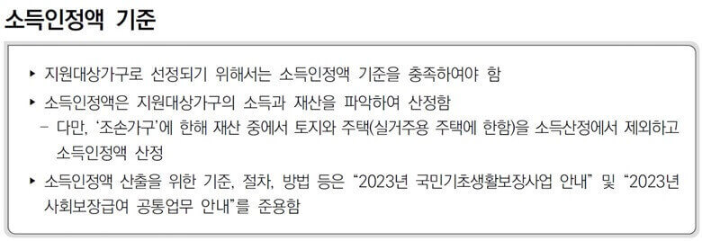 소득인정액 기준으로 조손가구에 한해 재산 중에서 토지와 주택을 소득산정에서 제외하고 소득인정액을 산정한다는 내용