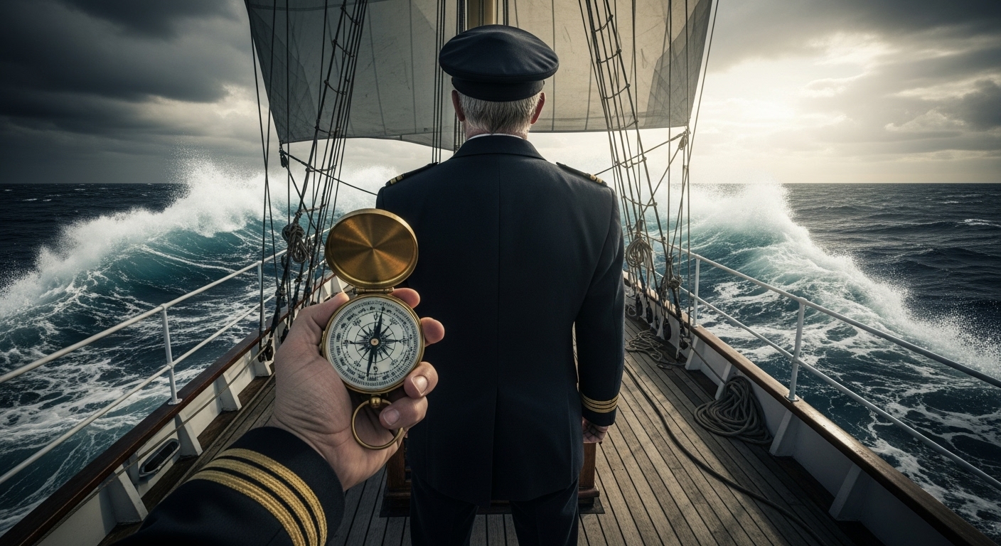 The back of a captain (investor) sailing steadily with a compass (investment strategy) in hand amidst a stormy sea (correction market).