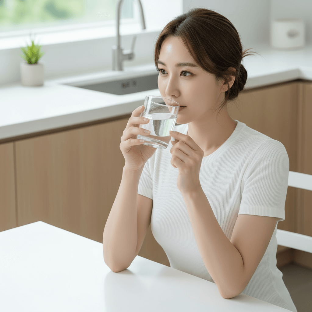 수분 보충 라이프스타일 컷: 주방 배경에서 물컵을 들고 마시는 여성