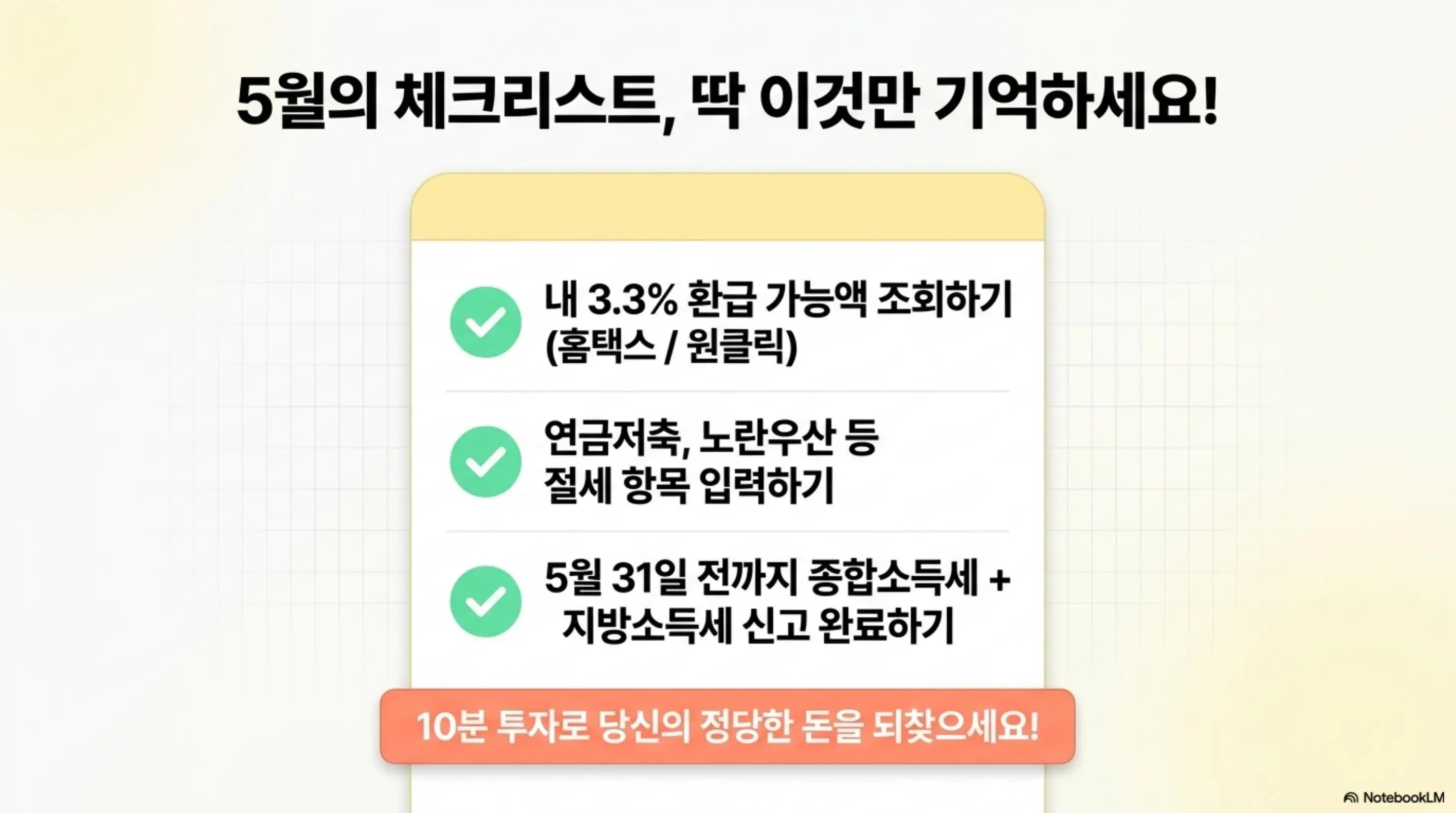 프리랜서 3.3% 환급: 3.3% 환급 가능액 조회, 절세 항목 입력, 5월 31일 전까지 종합소득세와 지방소득세 신고 완료 등 5월 체크리스트를 정리한 인포그래픽 이미지. 이 이미지는 프리랜서가 5월 종소세 신고 시 반드시 챙겨야 할 핵심 사항을 시각적으로 전달하며, 블로그의 프리랜서 3.3% 환급 핵심 정리와 관련된 내용을 설명함
