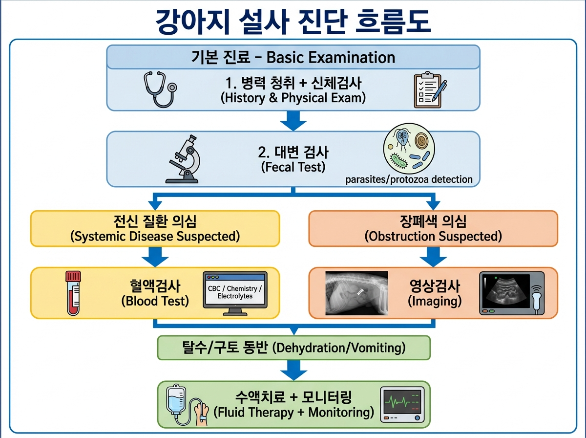 강아지 설사 진단 흐름(대변 검사, 전신질환 의심 시 혈액검사, 폐색 의심 시 X-ray/초음파)