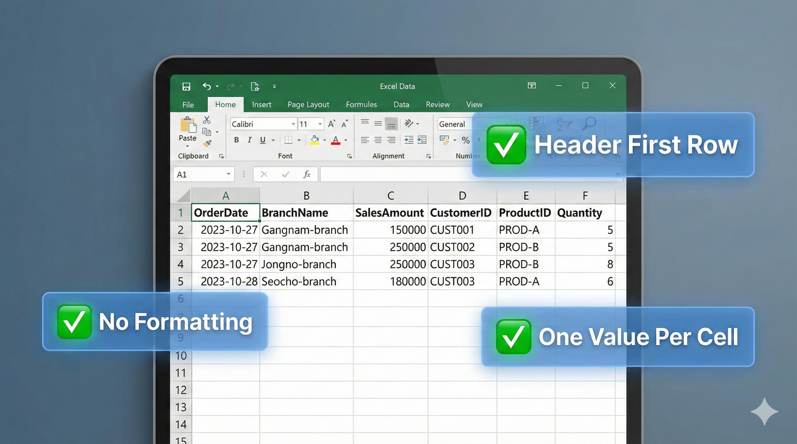 독자들이 'Raw 데이터'가 실제로 어떻게 생겼는지 직관적으로 이해하게 합니다. 본문에서 강조한 3가지 원칙(서식 없음, 컬럼명, 1셀 1값)이 완벽하게 지켜진 "모범 답안" 같은 엑셀 화면을 보여줍니다.