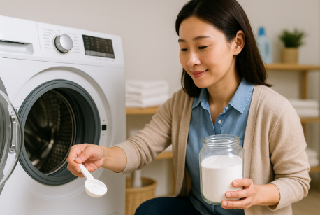 세탁기 에 가루 넣는 모습