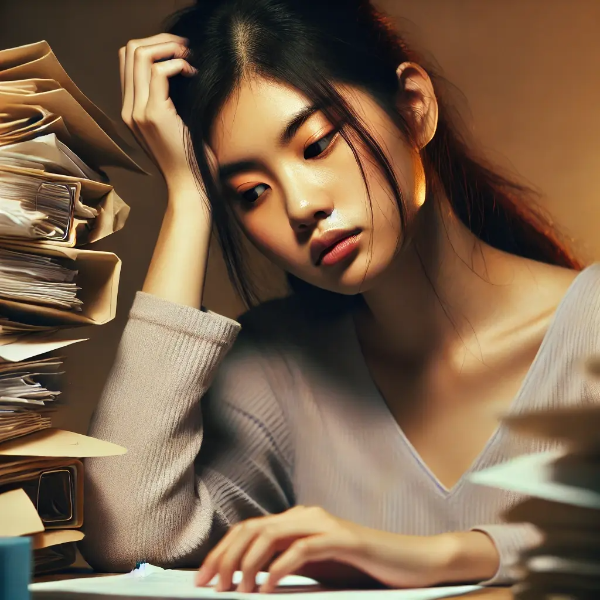 야간 책상 앞에서 피로한 눈으로 서류를 보며 머리를 감싸쥐고 있는 동양인 여성의 초고해상도 사진 – 코르티솔 과잉과 만성 피로 묘사