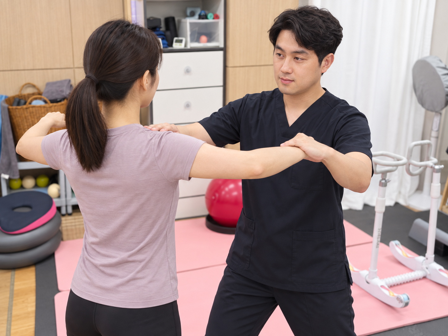 실제 몸편한 테라피 센터 배경. 업로드한 남성 관리사 얼굴을 참고. 고객은 관리사에게 등을 보인 상태에서 양팔을 약 90도로 벌리고 팔꿈치를 구부림. 남성 관리사가 약 45도 측면 뒤쪽에서 고객의 양팔에 저항을 주며 삼각근 근력을 확인하는 모습. 두 사람 사이에는 약간의 공간을 두고 검사 동작이 명확하게 보이도록 구성.