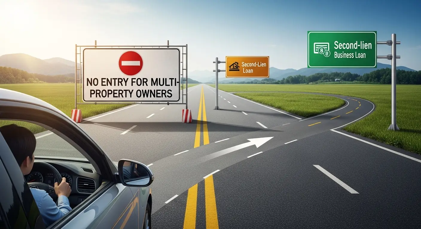 막혀있는 '주택구입' 도로 표지판 옆으로, '후순위'와 '사업자'라는 두 개의 합법적인 우회로가 나 있는 모습