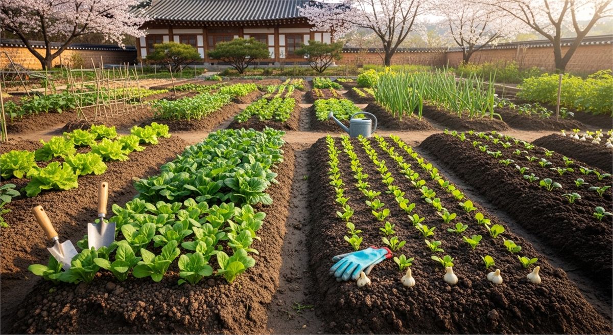 4월에 여러 봄작물을 심기 위해 준비된 텃밭 전경