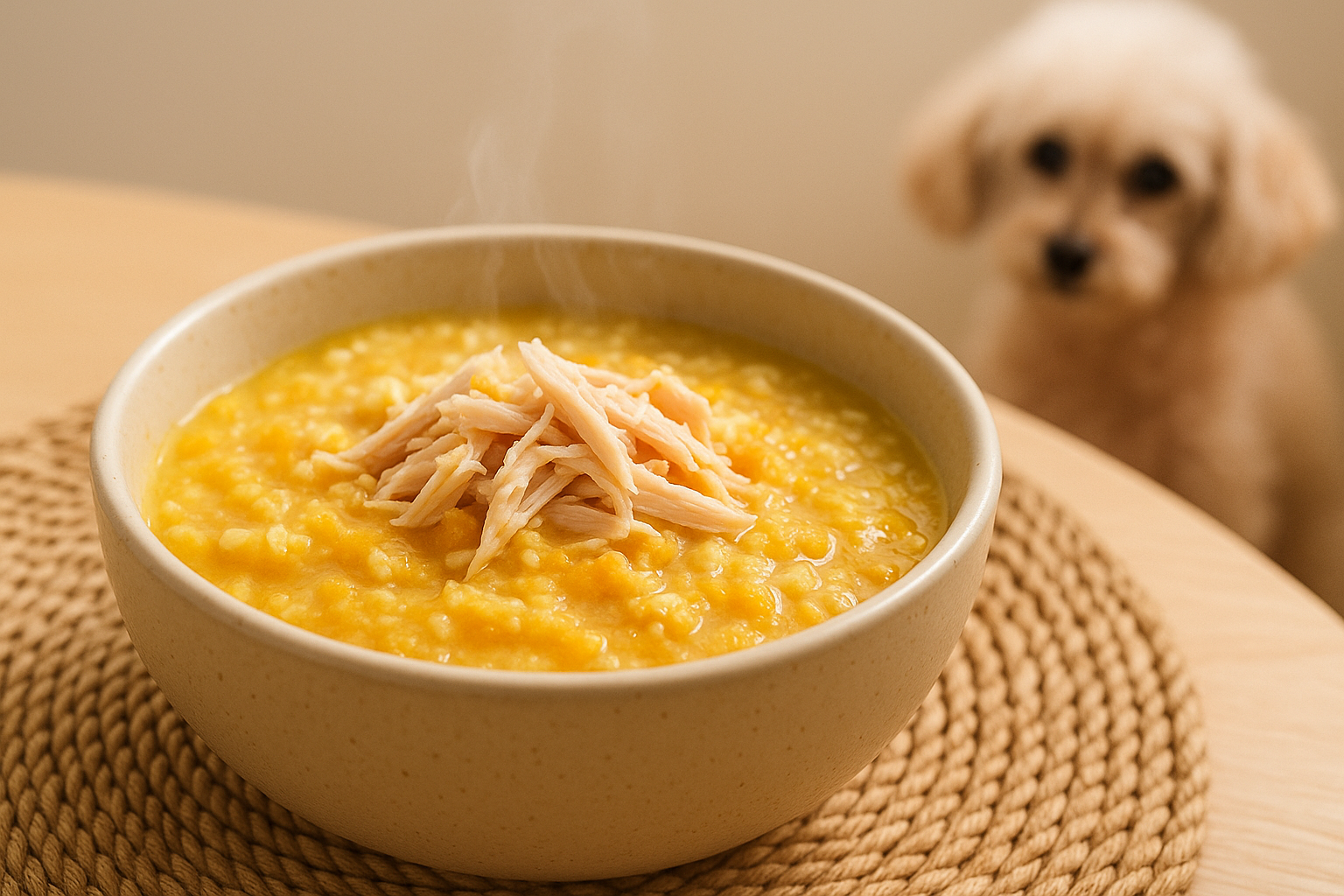 베이지 도자기 그릇에 닭가슴살을 잘게 찢어 올린 단호박 죽이 담겨 있다. 따뜻한 자연광 아래 부드럽고 묽은 질감이 노령견용 소프트 푸드임을 보여준다.