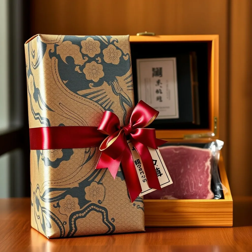 한국적인 문양이 들어간 보자기로 정성스럽게 포장되거나, 고급스러운 나무 상자에 담긴 한우 선물 세트의 모습입니다. 고급스러운 리본이나 태그가 더해져 선물의 가치를 높입니다.