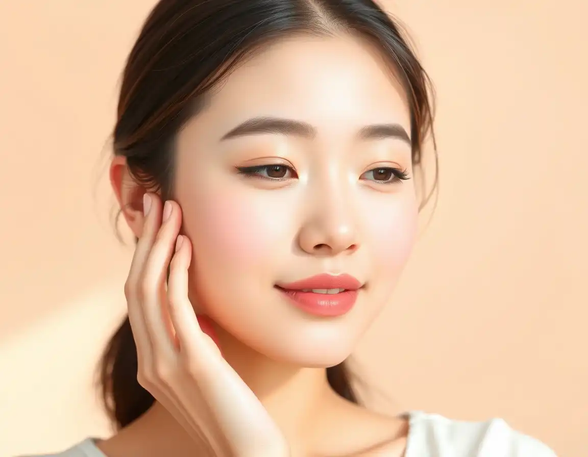 편안한 표정으로 얼굴을 손으로 살짝 만지는 젊은 여성의 일러스트, 피부 관리와 웰니스 상징