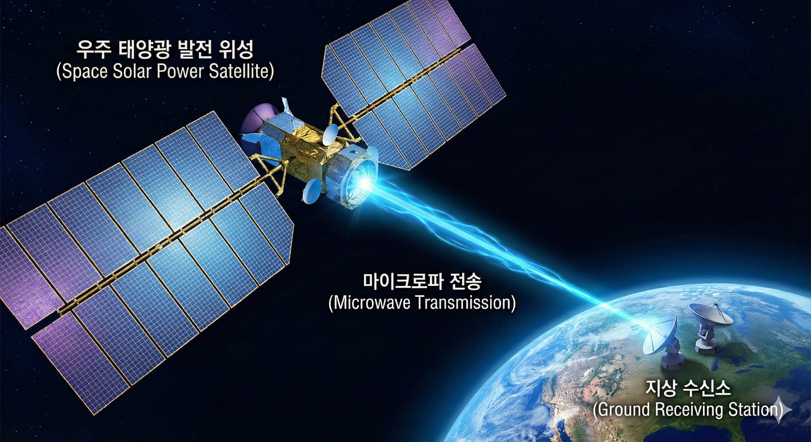 우주 공간에서 전력을 생산해 지구로 송전하는 우주 태양광 발전 시스템 개념도