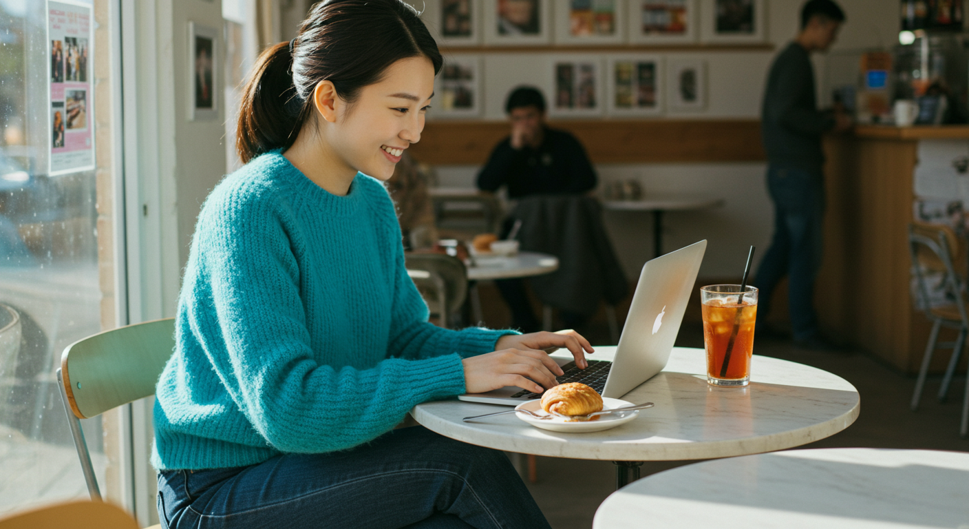 카페에서 노트북하고 있는 여성