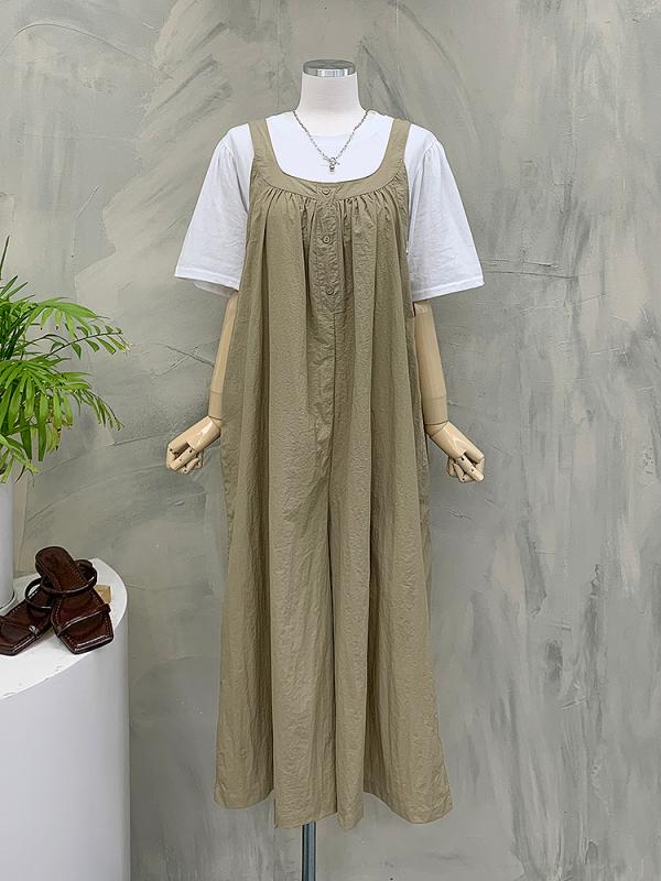 라이브 어반 셔링 단추 바스락 와이드 멜빵 점프슈트