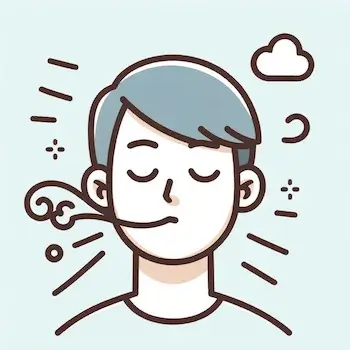 눈을 감고 한숨을 쉬고 있는 사람의 입에서 빠져나가는 한숨.