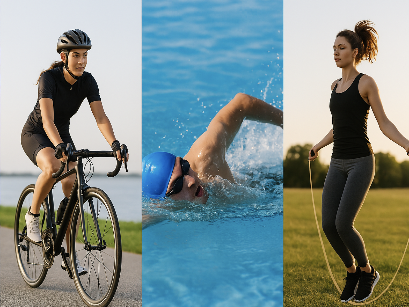 강가를 따라 자전거를 타는 여성, 수영장에서 수영하는 사람, 들판에서 줄넘기하는 여성을 담은 야외 유산소 운동 콜라주