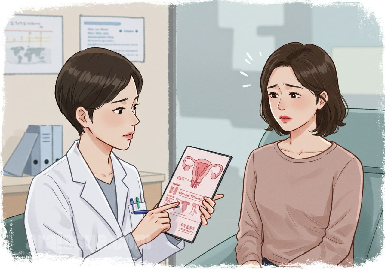 40대 초반의 한국인 여성이 의사에게 자궁근종 진단에 대해 설명을 듣고 있는 모습입니다. 의료 차트와 진지한 표정이 특징입니다.