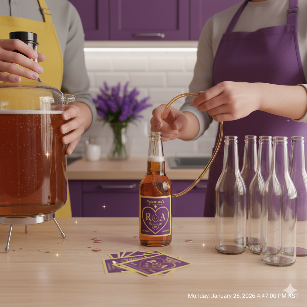 커플이 발효된 맥주를 병에 담아 병입하는 과정과 직접 디자인한 라벨.