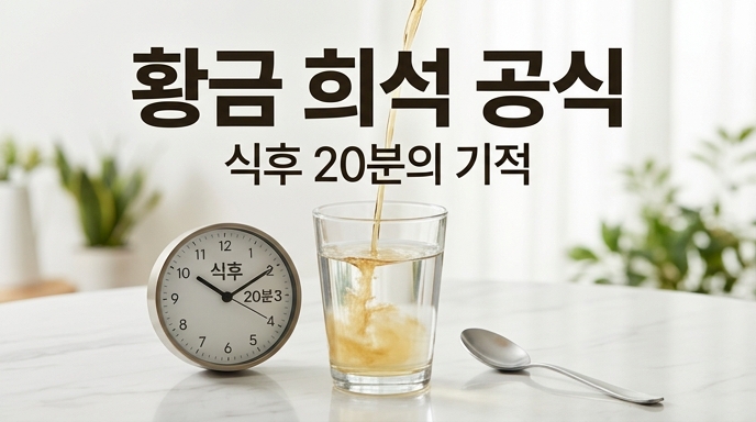 식후 20분의 기적을 강조하며 물에 식초를 희석하는 모습과 시계를 보여주는 황금 희석 공식 가이드 이미지