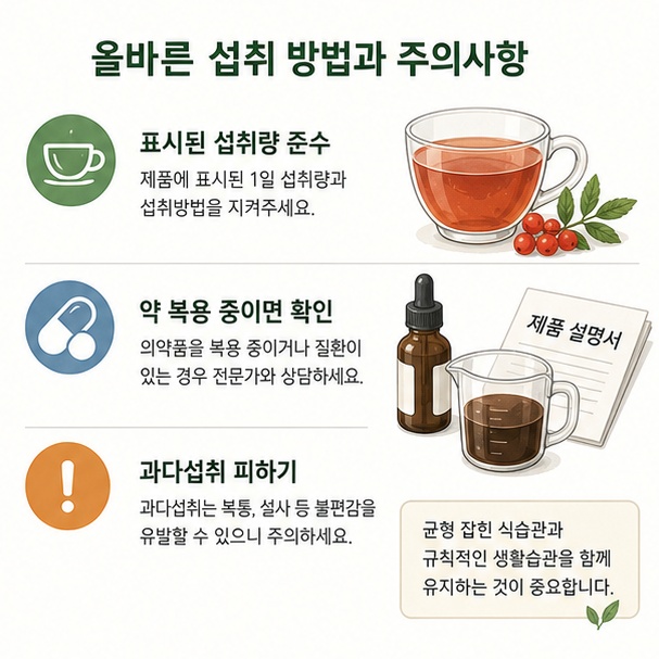 마가목 차와 추출액은 제품에 표시된 섭취방법과 양을 따르고 약을 복용 중일 때 주의해야 함을 설명한 이미지