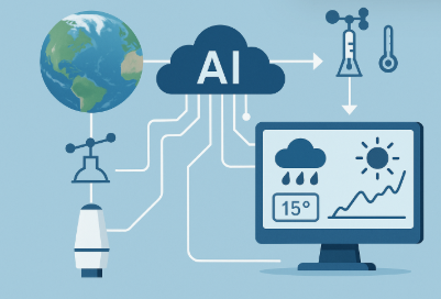 위성 영상, 날씨 센서, 인공지능 분석 알고리즘, 예측된 강수·기온 데이터가 클라우드 상에 실시간으로 연계되는 AI 기상 분석 구조를 표현