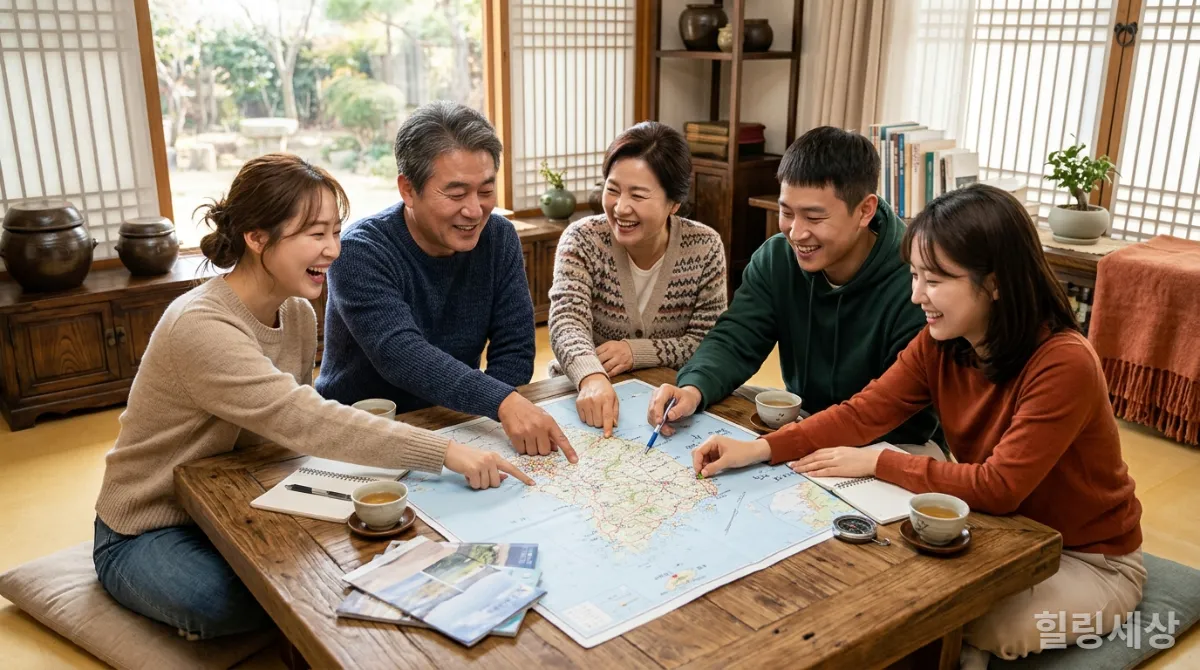 50대 부모님과 자녀들이 함께 여행 지도를 보며 즐겁게 계획하는 모습