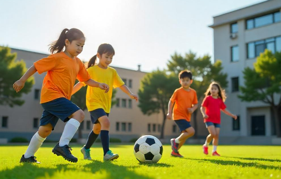 학령기 아동의 또래 친구와 공놀이를 하고 있는 모습