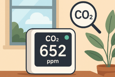 이산화 탄소 측정기와 창문 및 식물 표현
