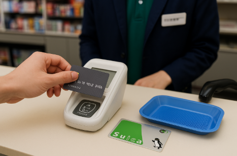 일본 편의점에서 고객이 결제하는 장면을 담은 실제 사진