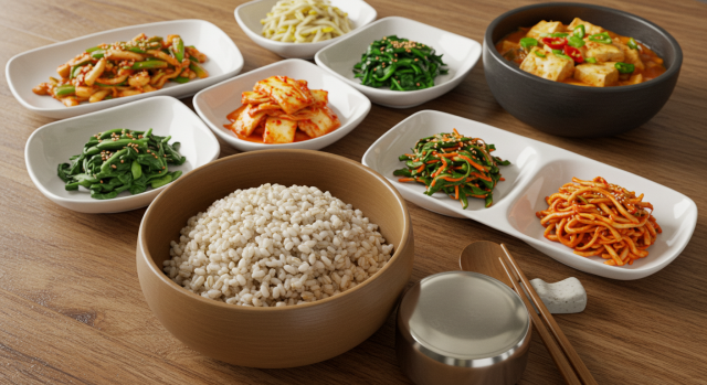 현미밥, 귀리, 채소가 함께 담긴 한국식 건강 식단