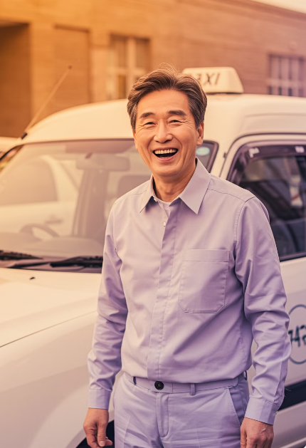 택시 앞에서 활짝 웃고 있는 50대 남성사진.