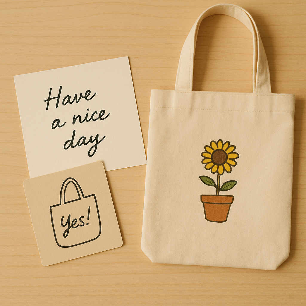 손글씨 엽서와 에코백이 진열된 감성적인 굿즈 촬영 장면