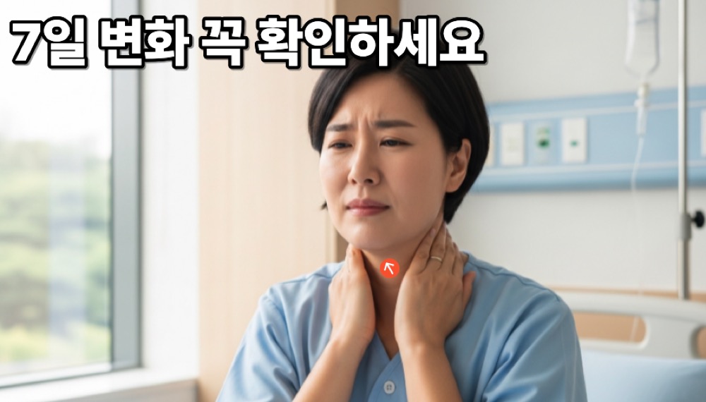 갑상선암 수술후 회복기간 초기에 목 통증과 불편함을 느끼는 모습