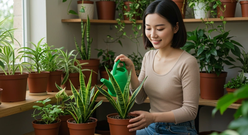 산세베리아 키우기를 하며 물을 주고 있는 여성