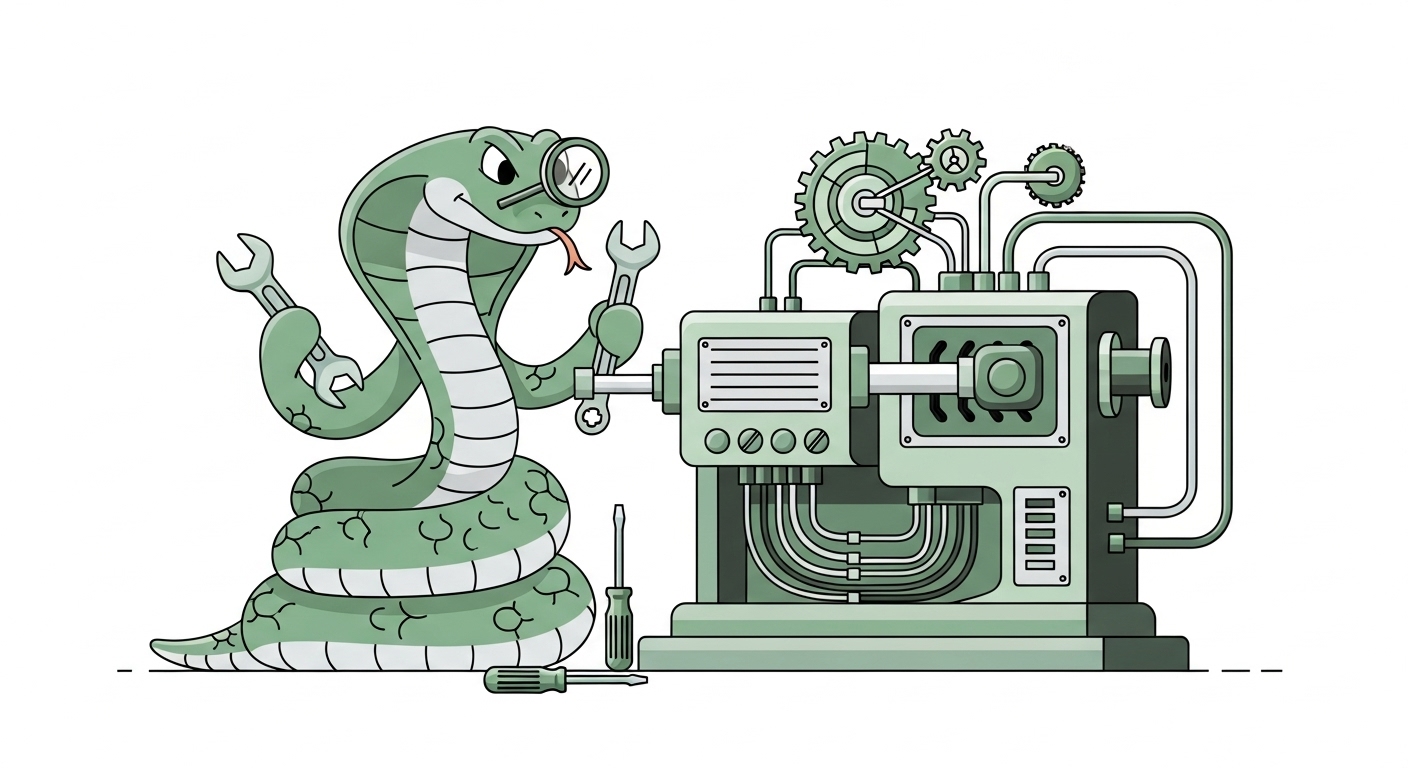 도구를 사용하여 복잡한 기계를 수리하며 전문성과 기술력을 뽐내는 뱀 캐릭터 일러스트