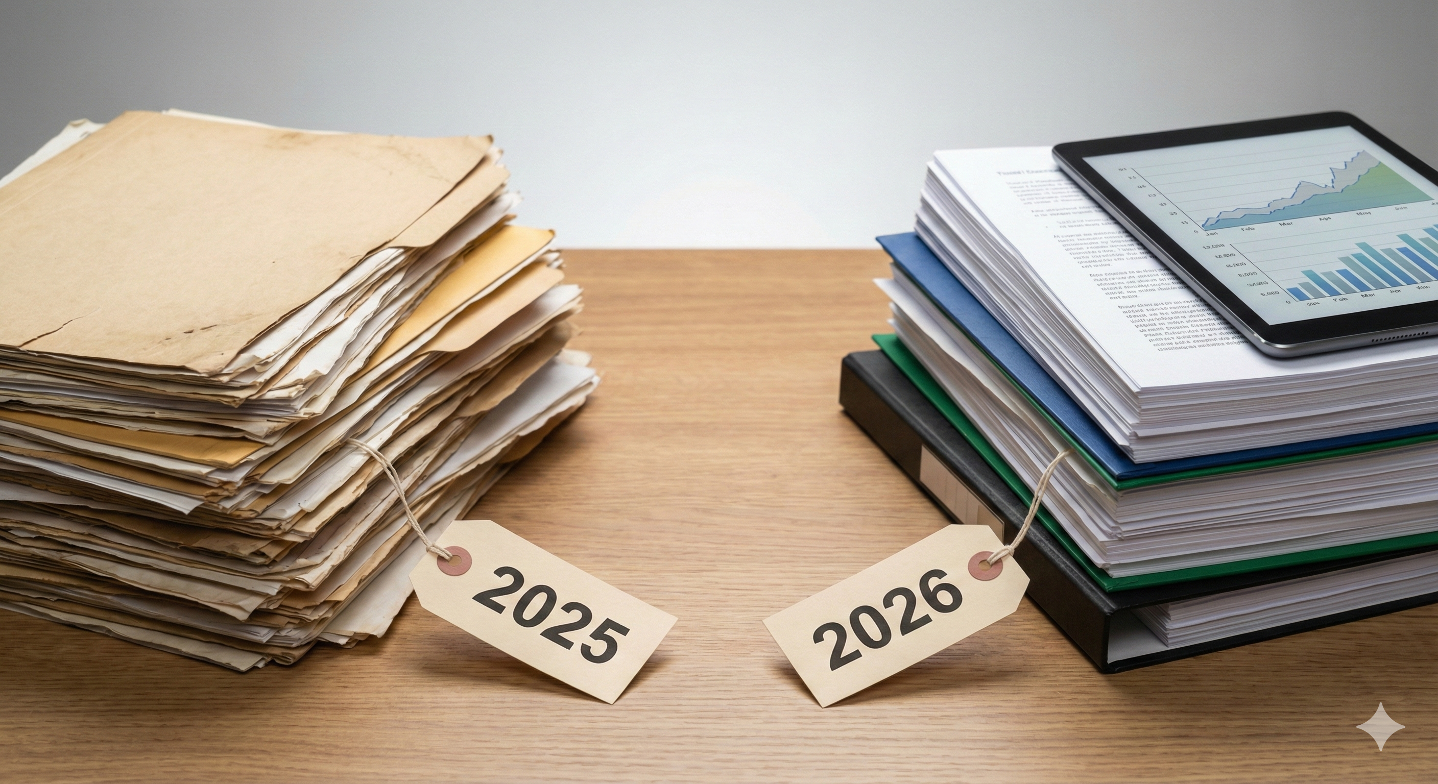낡은 2025년 서류 더미와 정돈된 2026년 새 서류 및 태블릿 PC가 나란히 놓인 비교 사진. 해가 바뀌며 달라진 부동산 정책과 세금 제도를 상징적으로 보여준다.
