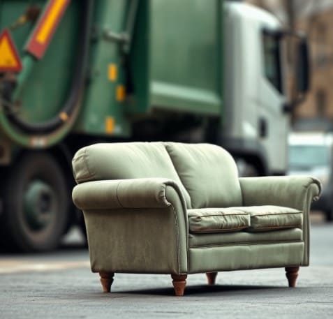 폐기물 수거 장소에 내놓은 오래된 녹색 소파