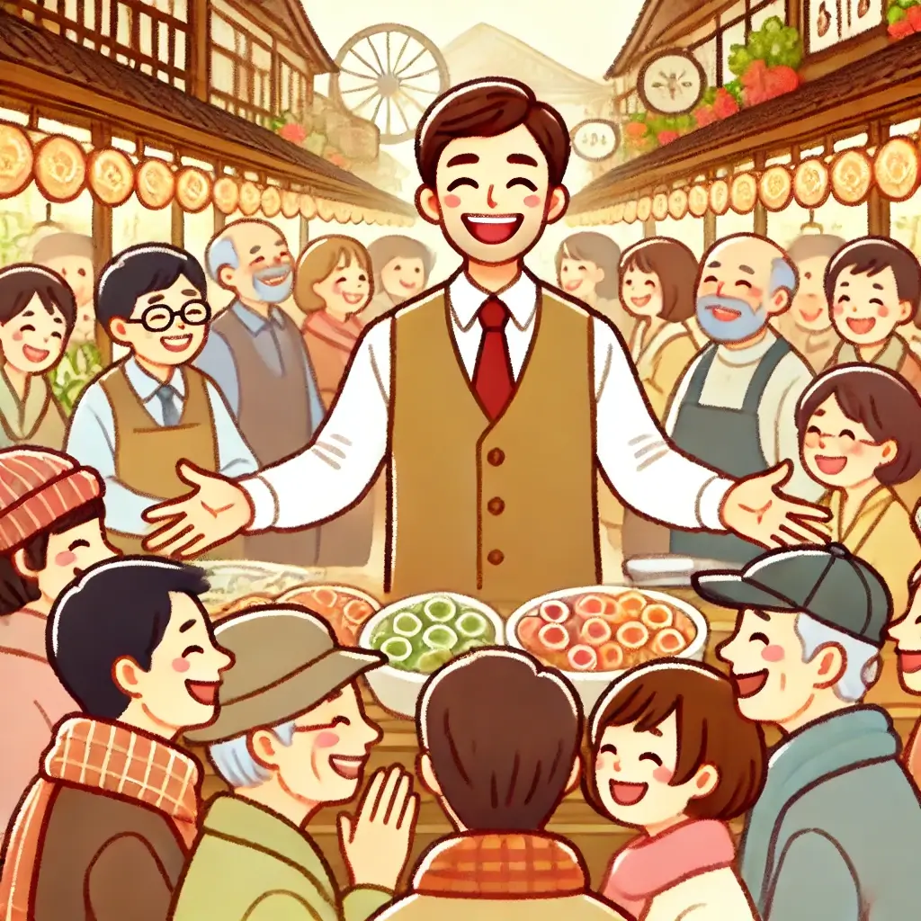 손님들로 북적이는 시장에서 행복한 상인의 모습.