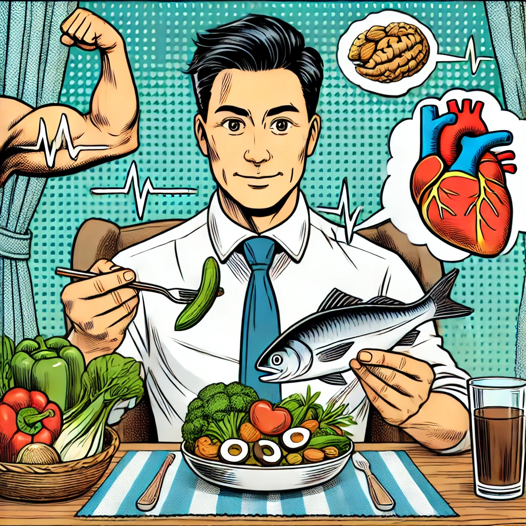 오메가3가 풍부한 건강한 식단을 즐기는 남성