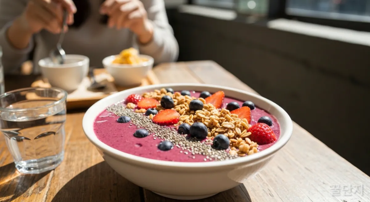 신선한 베리와 그래놀라가 토핑된 요거트 스무디 볼