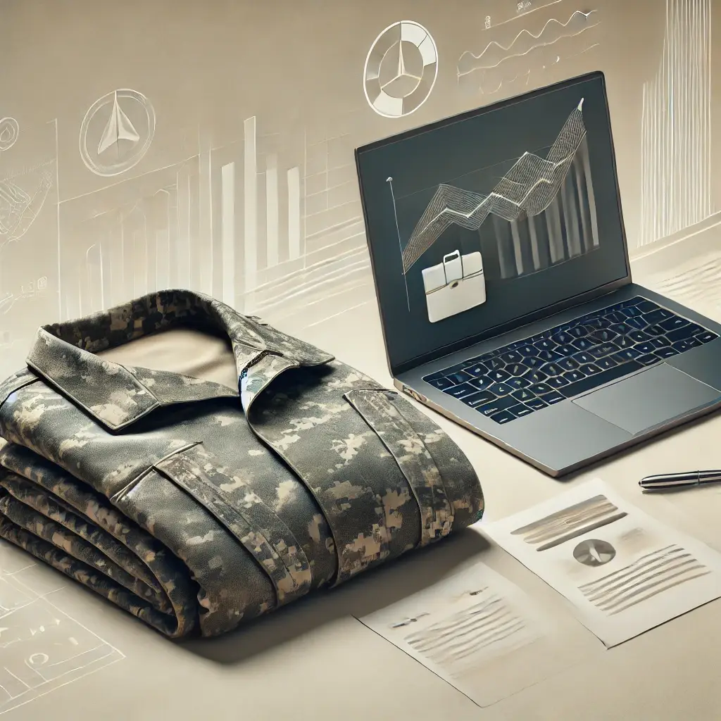 군 전역 후의 삶을 준비하는 모습 - 접혀 있는 군복과 노트북, 문서가 함께 배치된 이미지