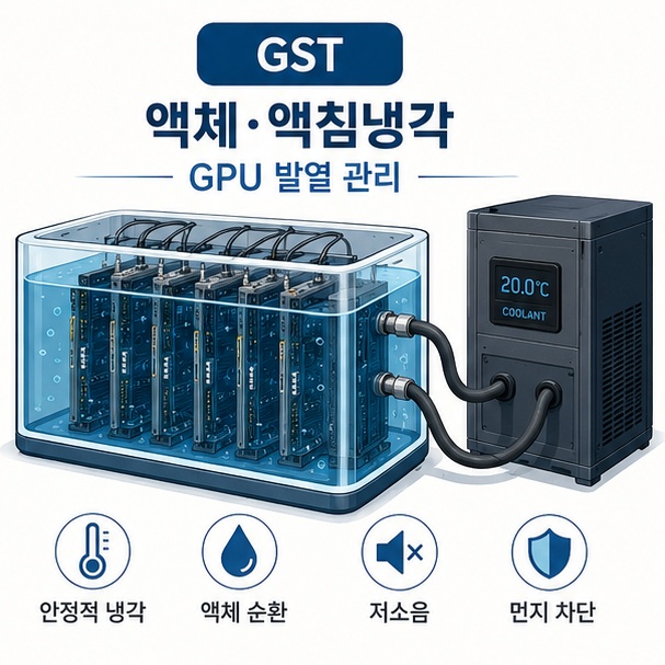 GST의 액체냉각과 액침냉각 기술이 고성능 AI 데이터센터의 GPU 발열 관리와 연결됨을 설명한 이미지